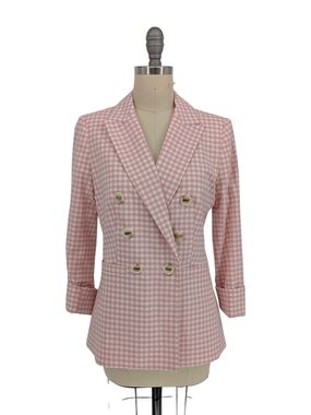 01340 DKNY Gingham Plaid Double Breasted Blazer Pink White size 2 preppy spring